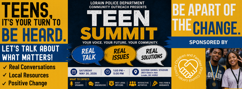 Promotional flyer for a “Teen Summit” hosted by the Lorain Police Department Community Outreach.